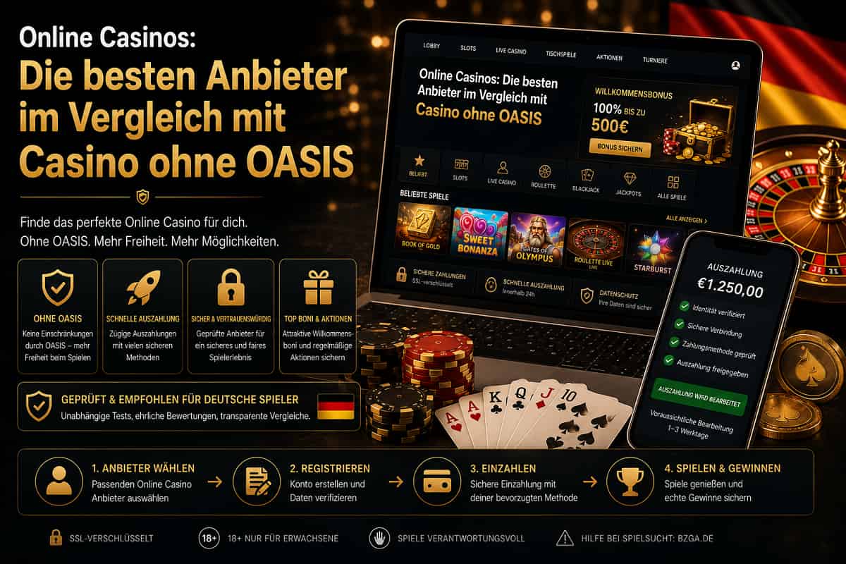 Casino ohne OASIS Vergleich mit Laptop, Smartphone, Spielkarten und Chips in dunkler Premium-Casino-Szene.